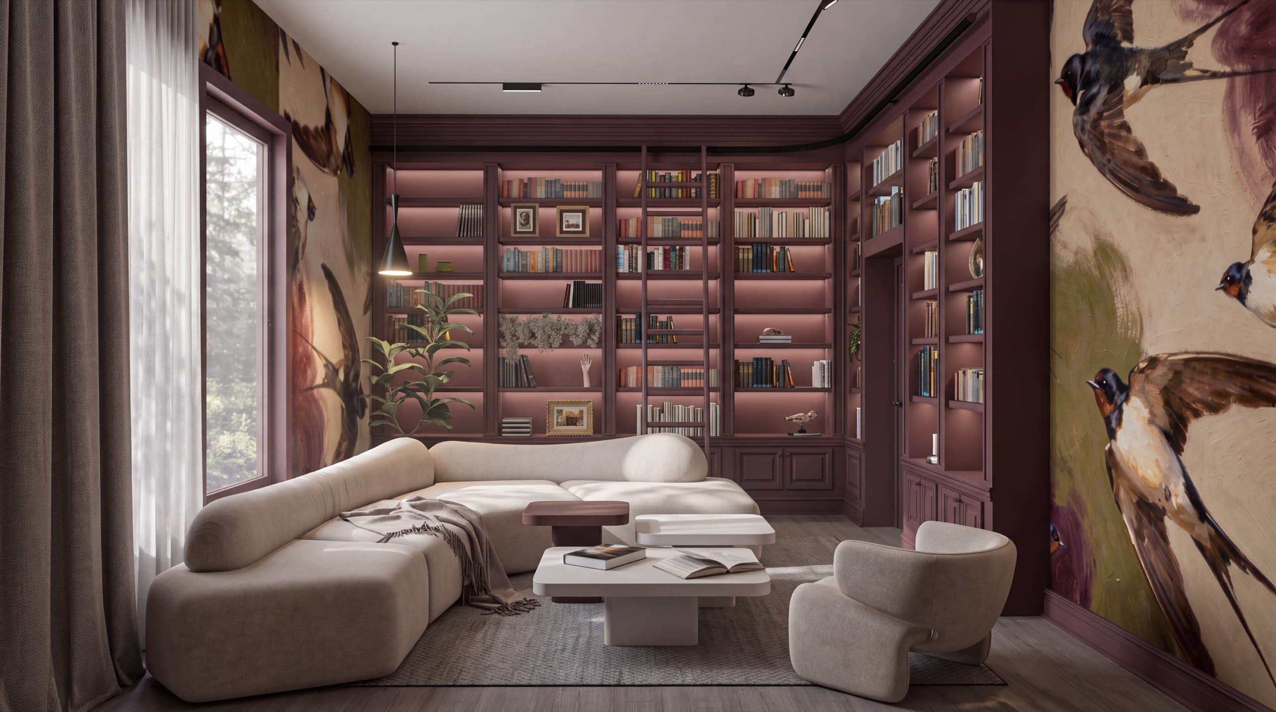 Estilismo Sala de Lectura - Interiorismo Casa de campo Las Cortaderas — Estilismo y render de sala de lectura para proyecto en Casa de campo "Las Cortaderas", Prov. Bs. As. (interiorismo, Buenos Aires)