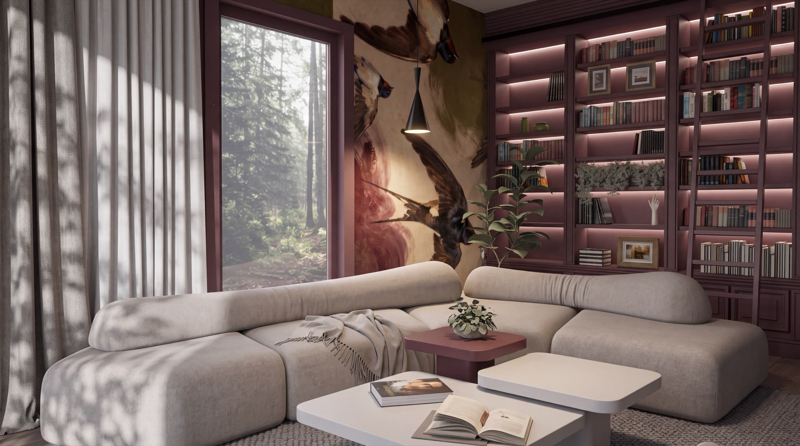 Estilismo Sala de Lectura - Interiorismo Casa de campo Las Cortaderas — Estilismo y render de sala de lectura para proyecto en Casa de campo "Las Cortaderas", Prov. Bs. As.. Foto 1 de 2.