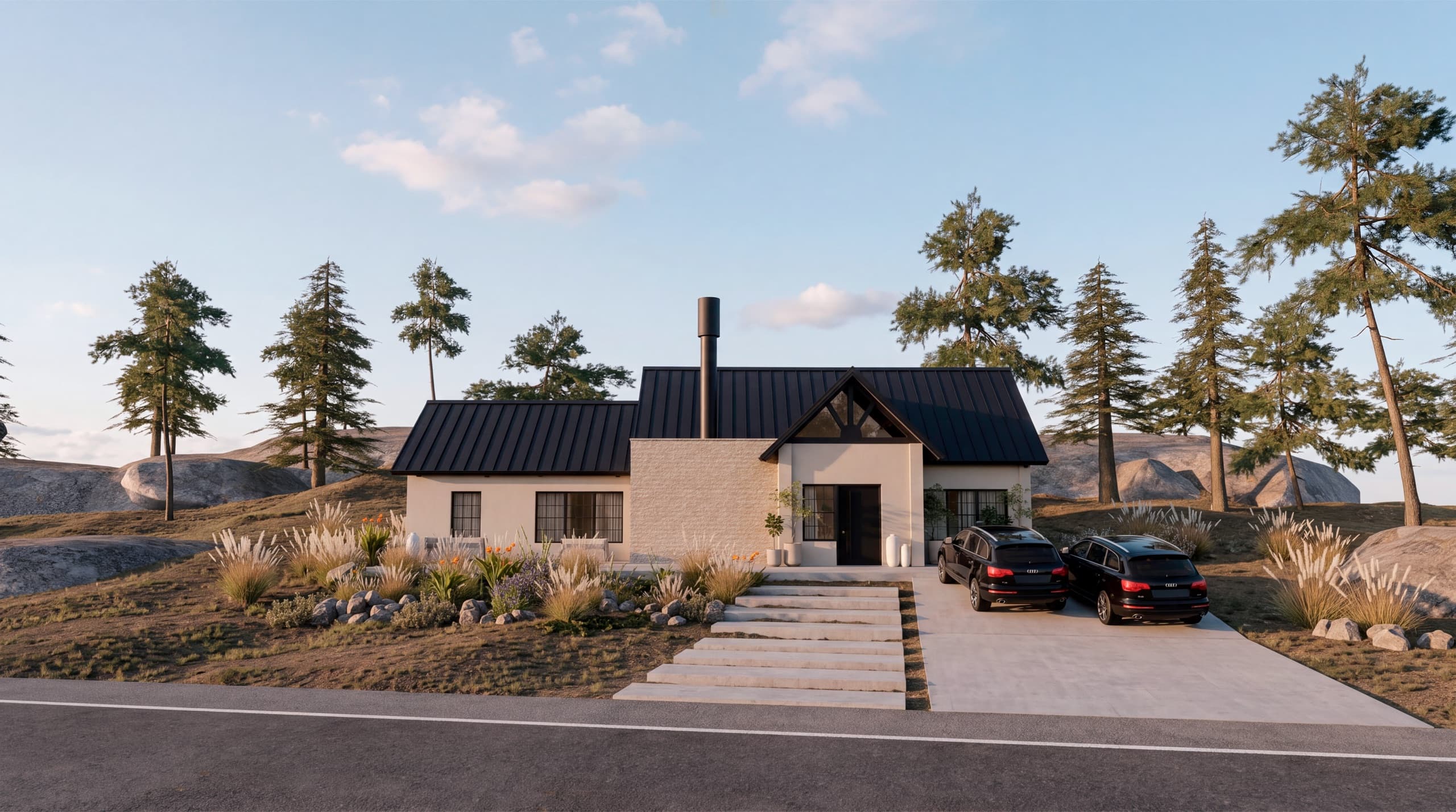 Proyecto Las Marías — Diseño y render exterior de vivienda unifamiliar con paisajismo, proyecto "Las Marías", Chubut.. Foto 3 de 3.
